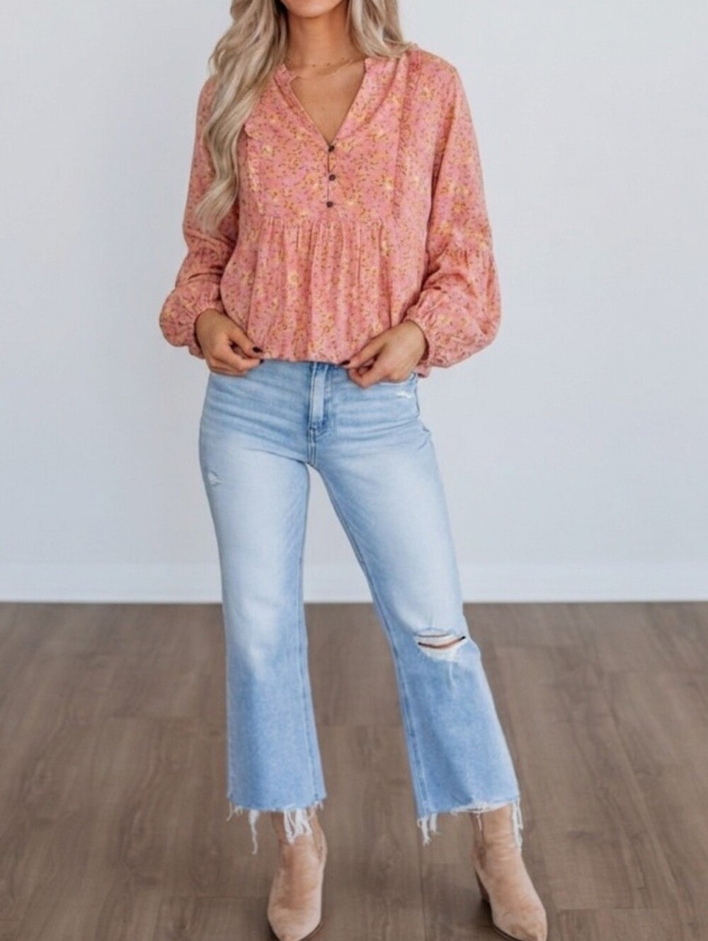 Ces Femme Pink Floral Long Sleeve V-Neck Blouse